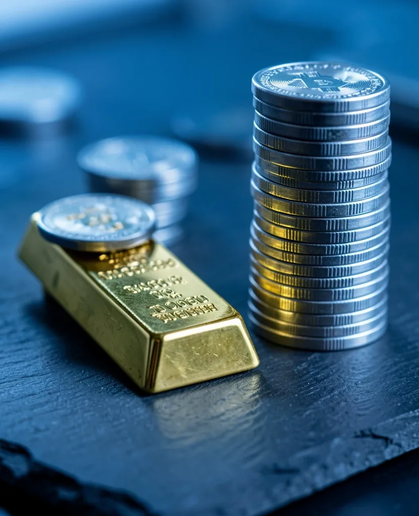 Gold bar and silver coins on dark surface